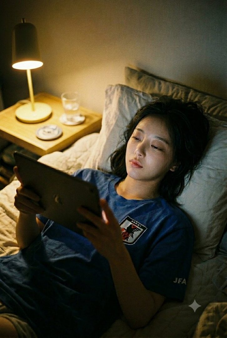 A young woman with black hair lies in bed, illuminated by a bedside lamp, looking at a tablet.