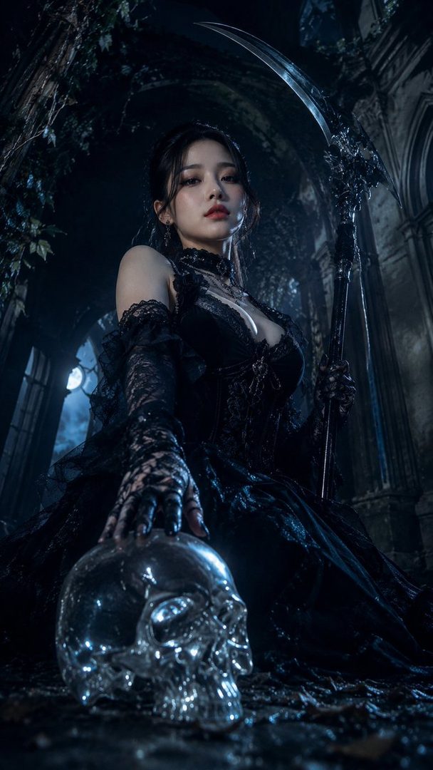 A woman in a black gothic dress holds a crystal skull in a dark, atmospheric setting with a scythe.