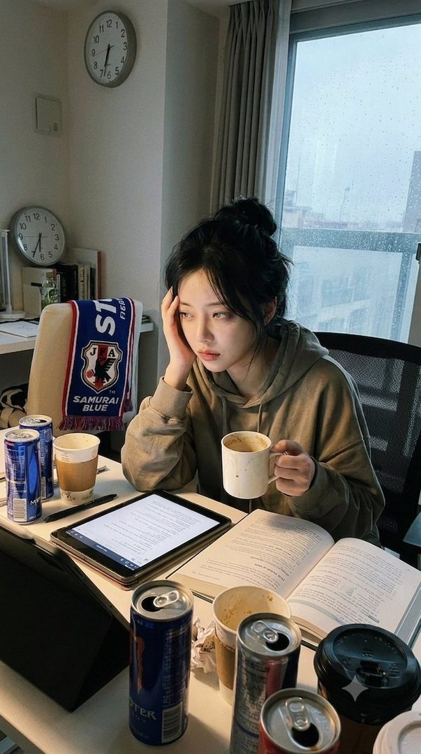 A young woman with black hair in a messy bun, wearing a casual hoodie, sits at a desk with a tablet, books, and several empty drink cans, holding a coffee mug and looking tired.