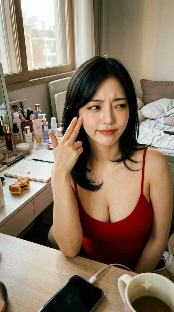 A photorealistic AI-generated portrait of a woman with black hair wearing a red camisole, making a playful gesture with her hand to her temple while sitting at a desk indoors.