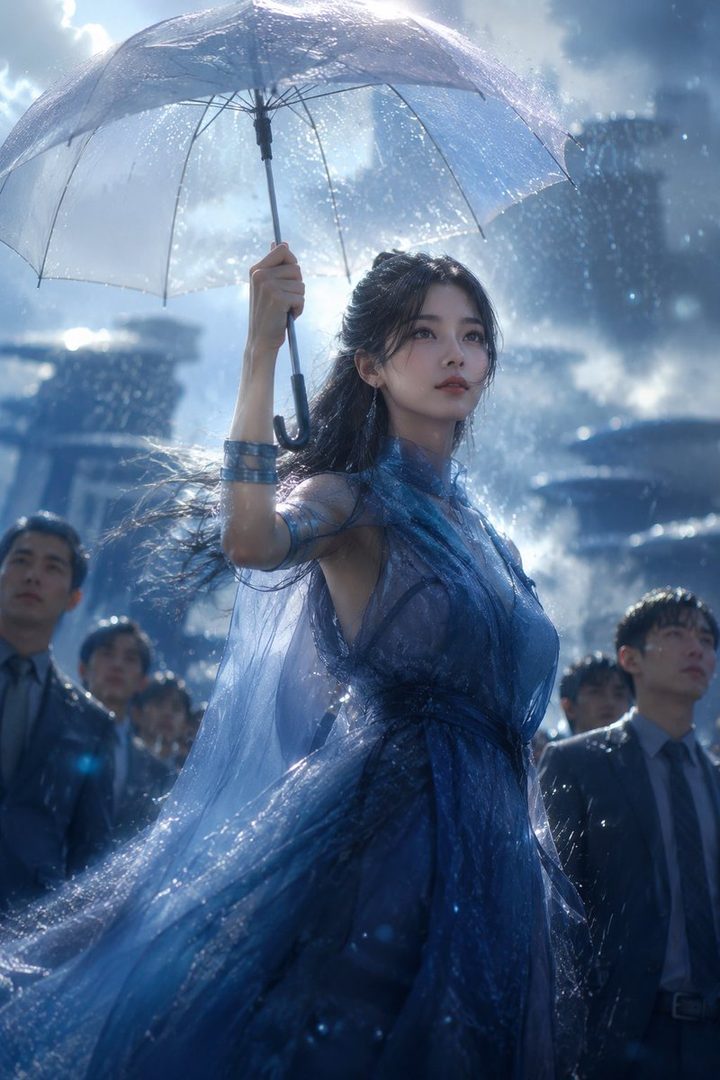 A beautiful woman in a flowing blue dress holds an umbrella in the rain, with a city background and other people blurred in the distance.