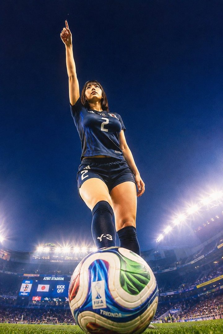 A female soccer player in a blue uniform stands with one foot on a soccer ball, pointing upwards in a stadium at night.