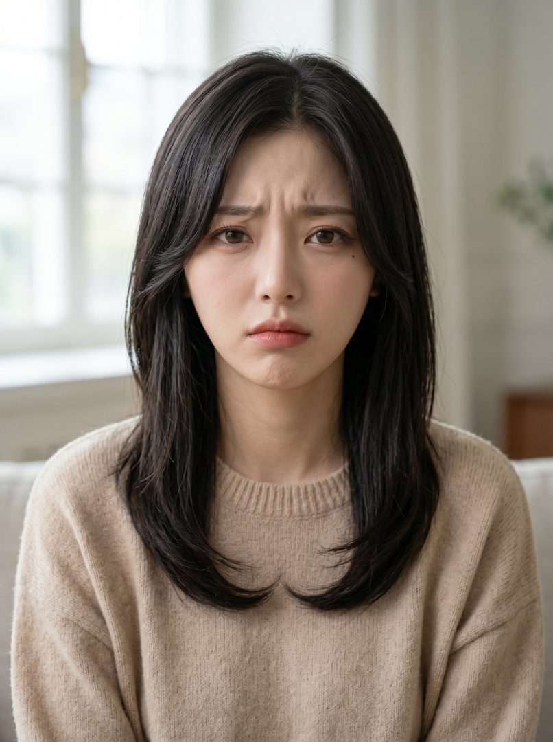 A photorealistic portrait of a young Asian woman with long black hair and a beige sweater, looking distressed indoors.