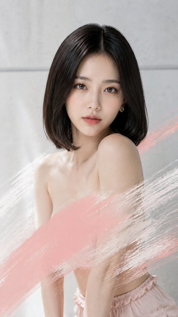 A photorealistic portrait of a woman with short black hair, looking directly at the viewer, with a soft pink brushstroke effect across her body.