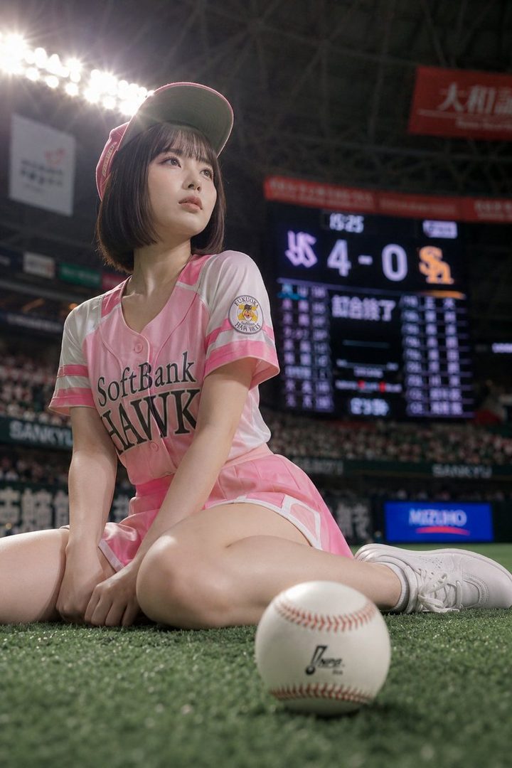 A young woman in a pink baseball uniform and cap sits on a baseball field at night, with a scoreboard in the background.