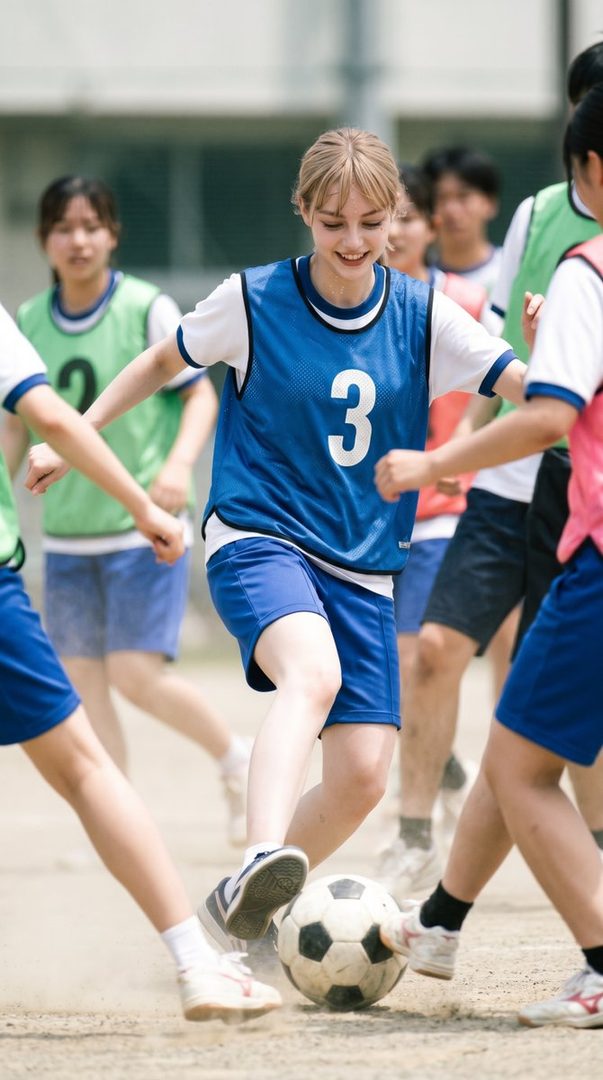A young blonde girl in a blue sports bib plays soccer with friends outdoors on a sunny day.