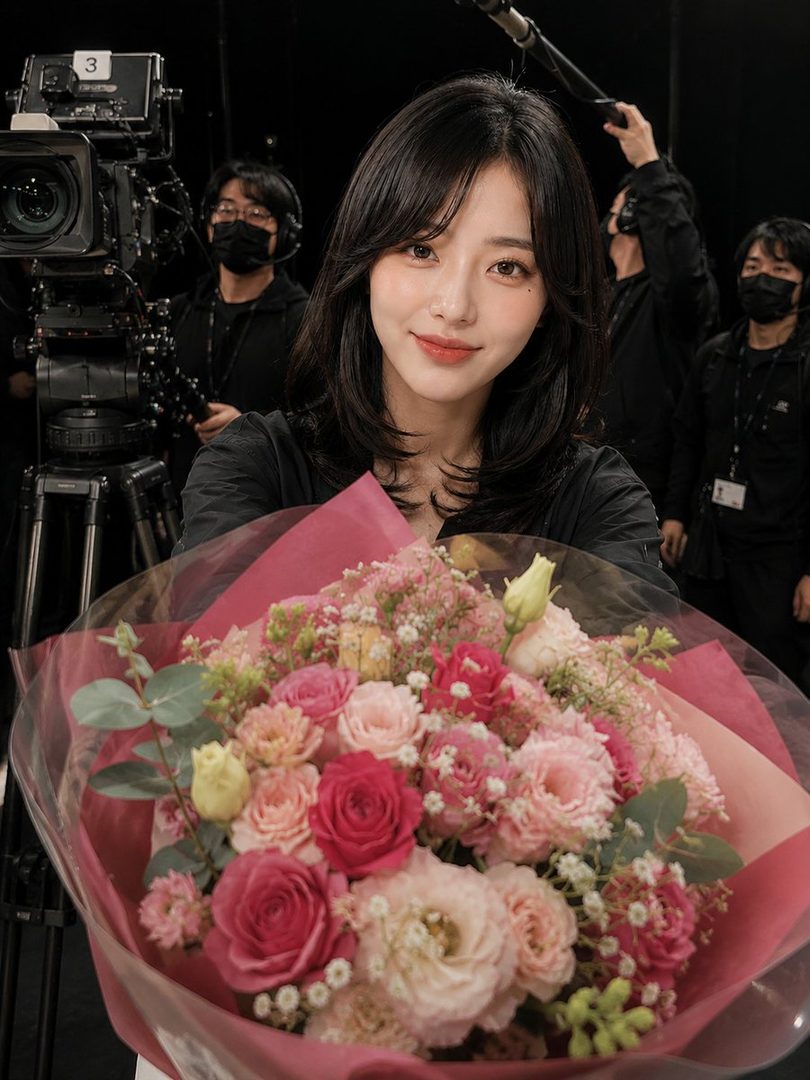 A woman with black hair holds a bouquet of pink flowers in a studio setting with camera equipment in the background.