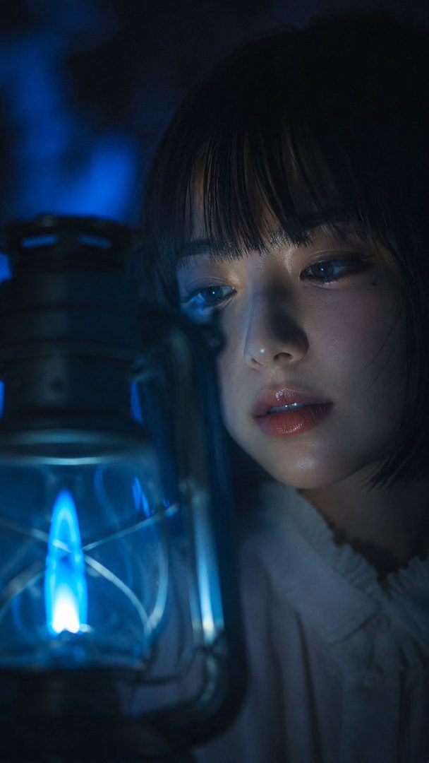 A photorealistic portrait of a young woman with short black hair and bangs, illuminated by the blue glow of a lantern in a dark setting.