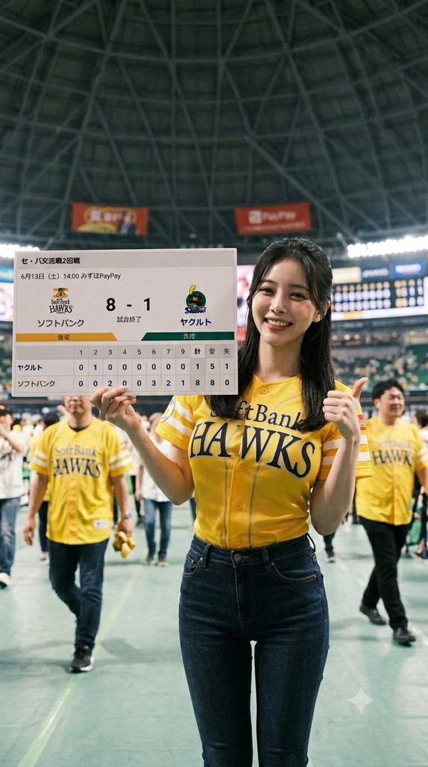 A smiling woman in a yellow baseball jersey holds up a scoreboard at an indoor stadium.