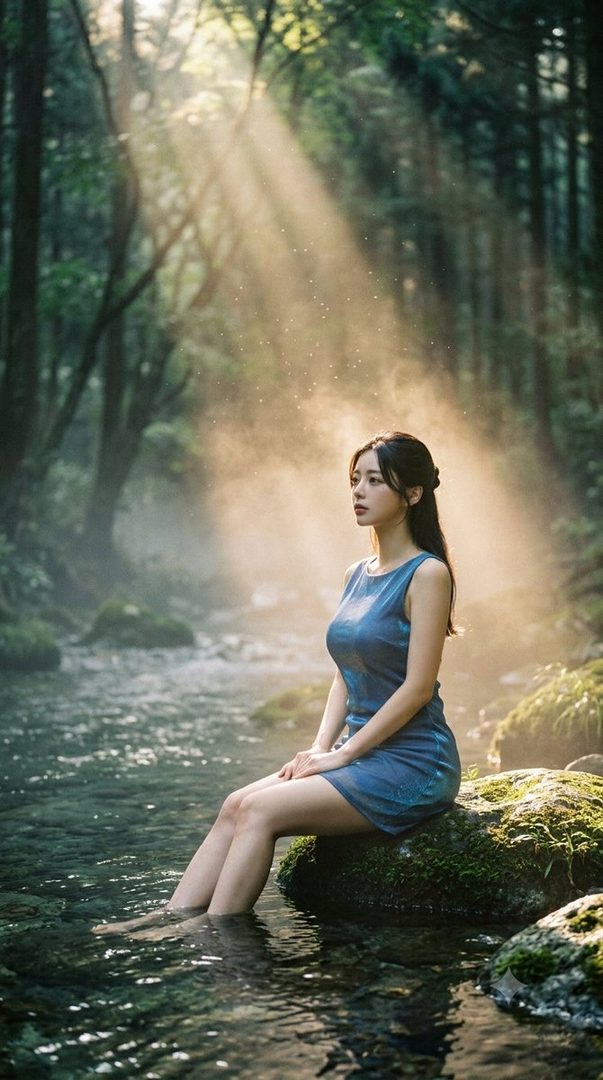 A young woman with dark hair sits by a stream in a forest, with sunbeams filtering through the trees.