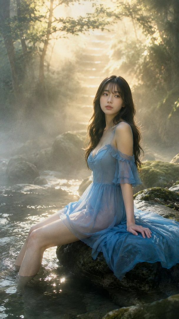 A woman in a sheer blue dress sits by a misty stream in a sunlit forest.