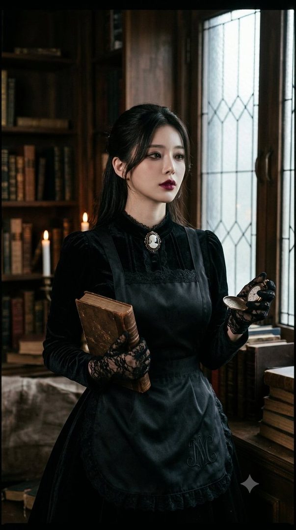 A woman with dark hair and a black Victorian-style dress holds an old book and a pocket watch in a dimly lit library.
