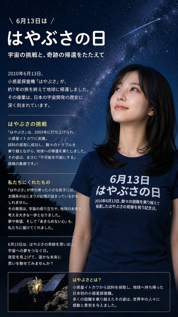 A young woman with long black hair looks up thoughtfully against a starry night sky background, wearing a dark blue t-shirt with Japanese text.