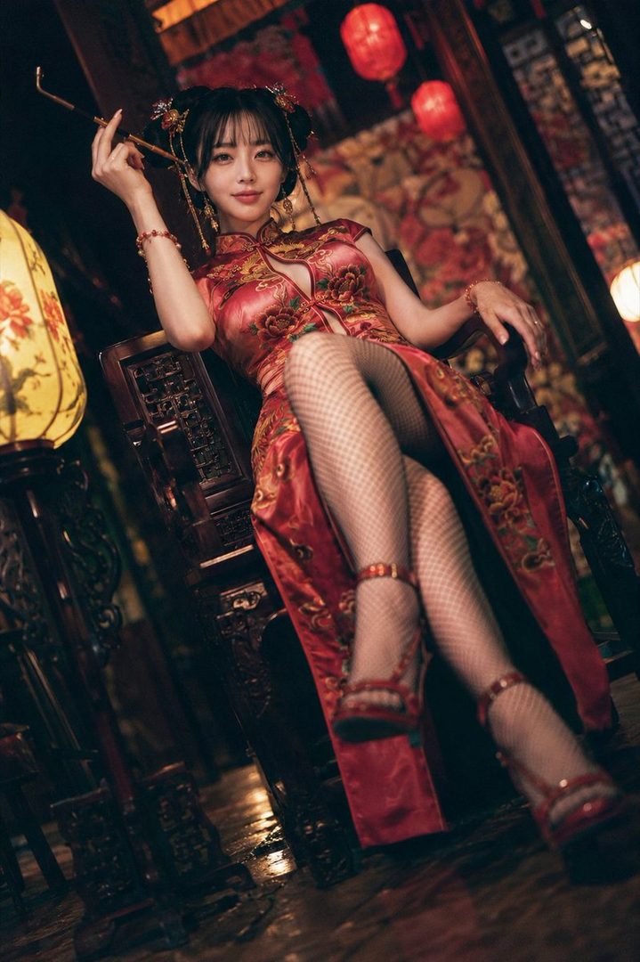 A woman in a red traditional Chinese dress with fishnet stockings and red heels sits in a dimly lit room, holding a long pipe.