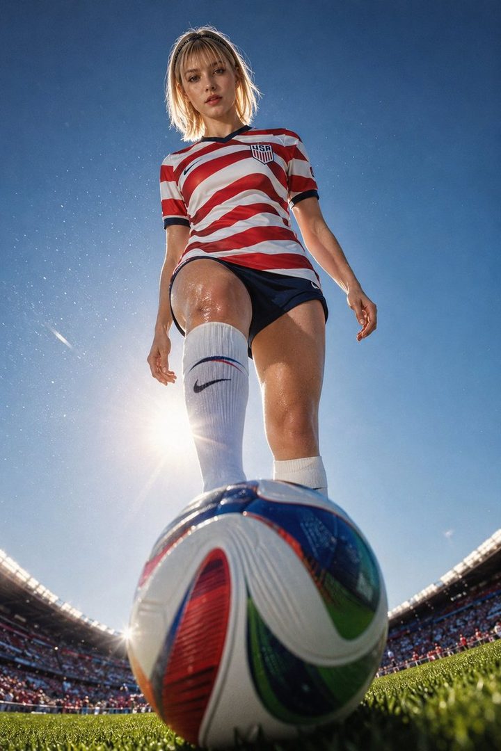 A blonde woman in a USA soccer jersey stands with her foot on a soccer ball on a sunny day in a stadium.