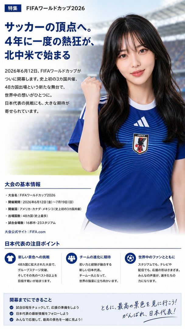 A photorealistic AI-generated portrait of a young woman with long black hair, wearing a blue Japan national football team jersey, smiling and making a fist.