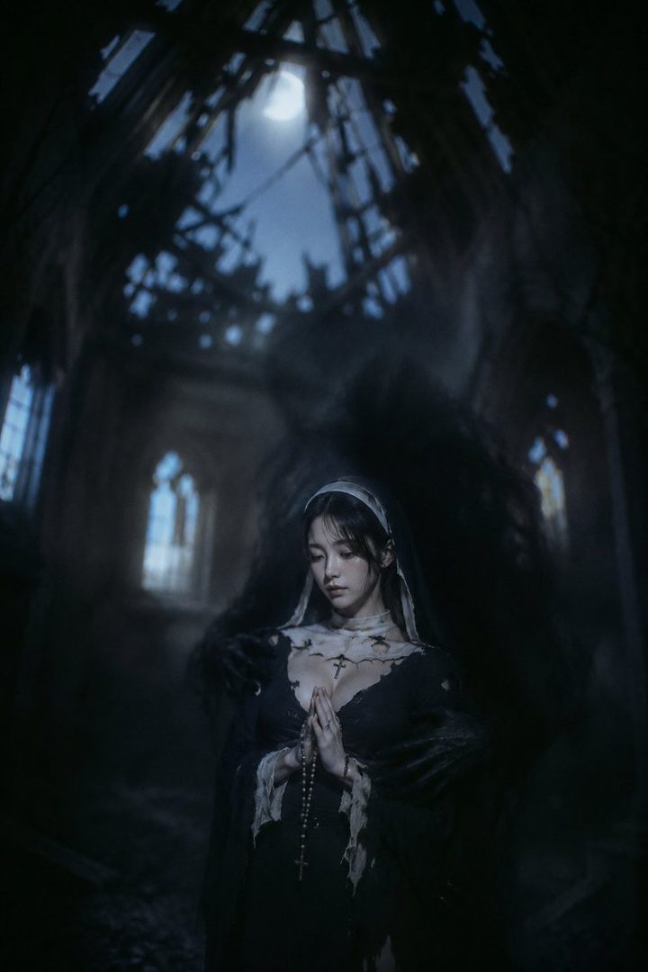 A woman dressed as a nun with a revealing neckline, holding a rosary and praying in a dark, ruined church under moonlight.