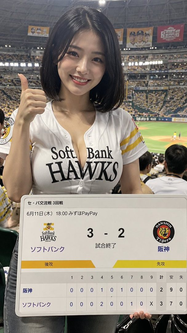 A smiling woman with short black hair in a baseball jersey holds up a scoreboard at a baseball game.