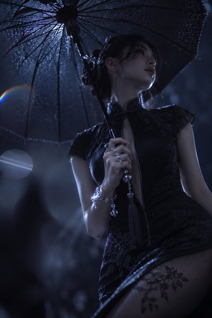 A woman in a black cheongsam dress holds an umbrella in the rain at night, with a dreamy and cinematic mood.