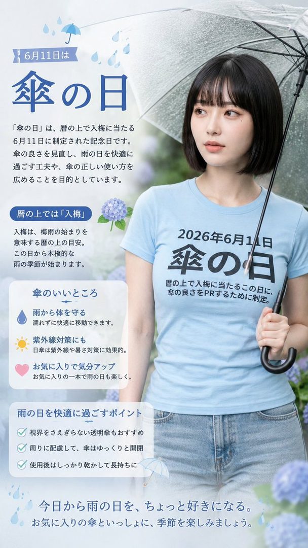 A young woman with short black hair and bangs holds a clear umbrella, wearing a light blue t-shirt and jeans, with text overlay about "Umbrella Day" in Japanese.