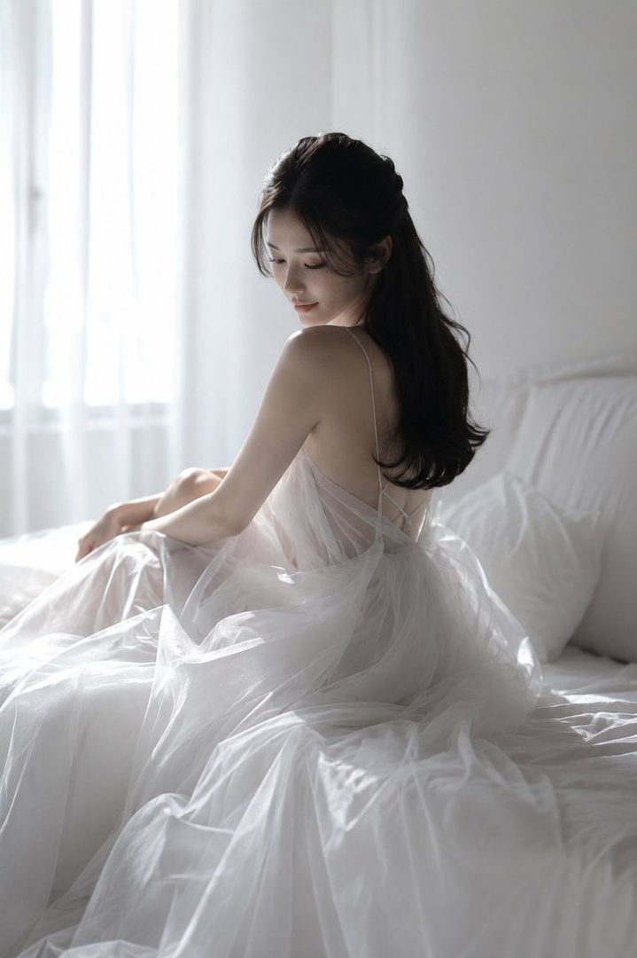 A serene woman with long dark hair sits on a bed in a white, flowing dress, bathed in soft light.