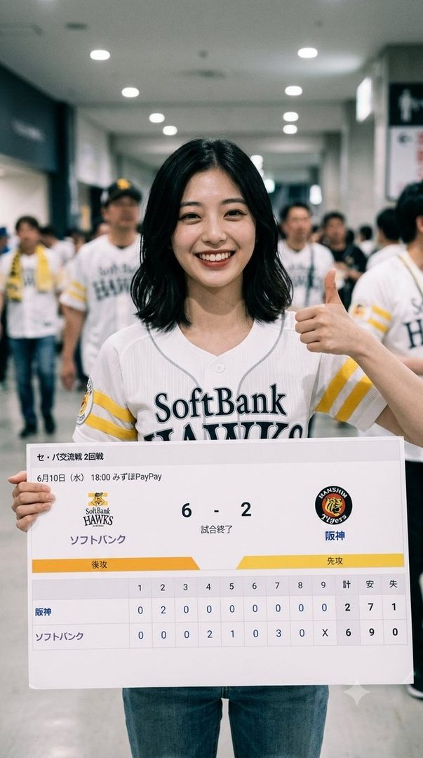 A smiling woman with short black hair wears a baseball jersey and holds up a scoreboard showing the SoftBank Hawks winning.