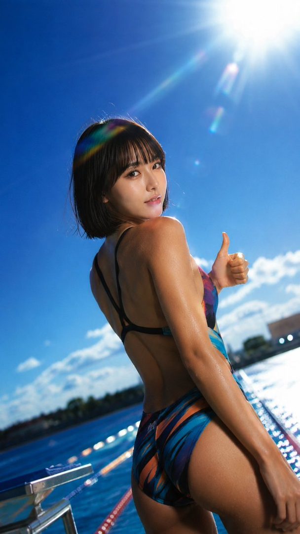 A woman in a colorful swimsuit gives a thumbs up at a swimming pool under a bright blue sky.