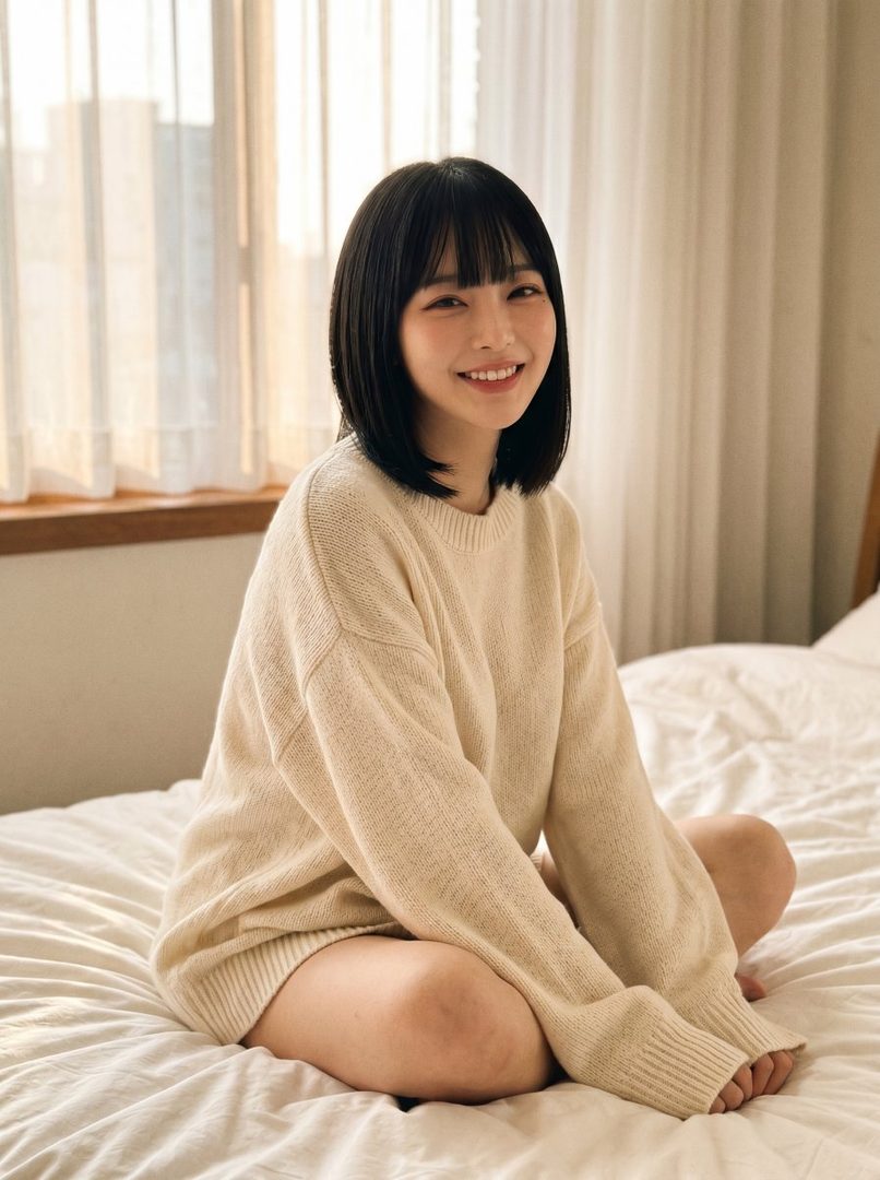 A smiling woman with short black hair and bangs sits on a bed in a cream-colored sweater.
