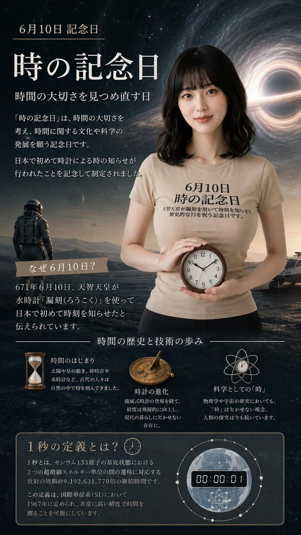 A woman with black hair and bangs, wearing a beige t-shirt, holds a small clock against a dark, cosmic background with text about the 'Day of Time'.