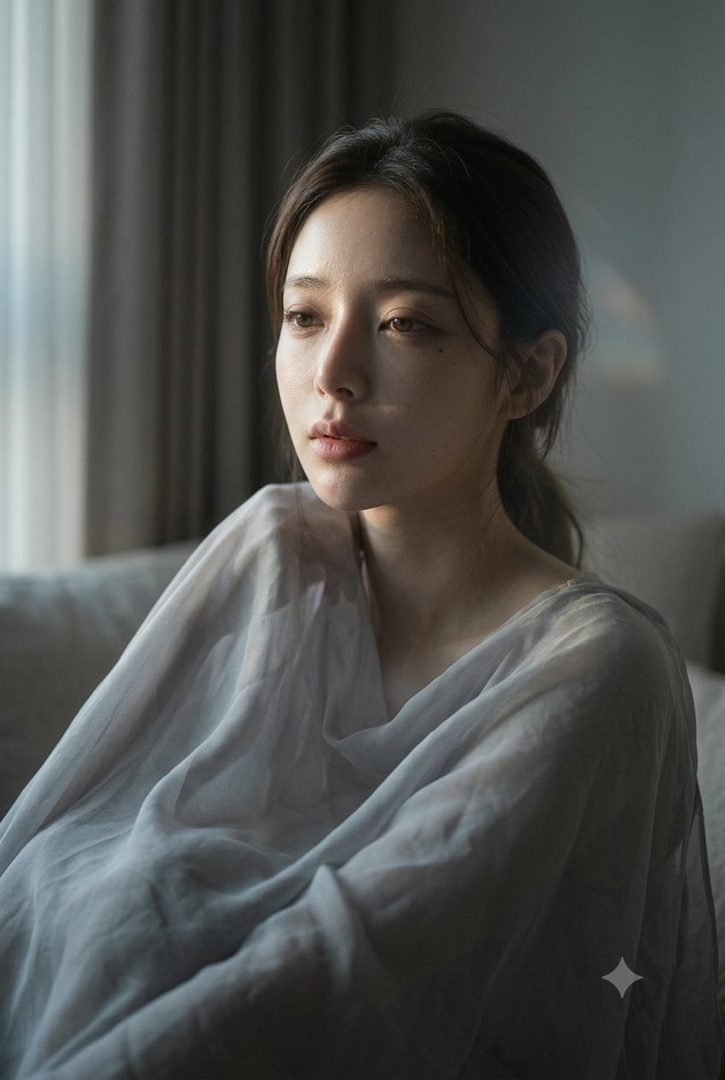 A photorealistic portrait of a woman with brown hair, looking serenely indoors with soft light on her face.