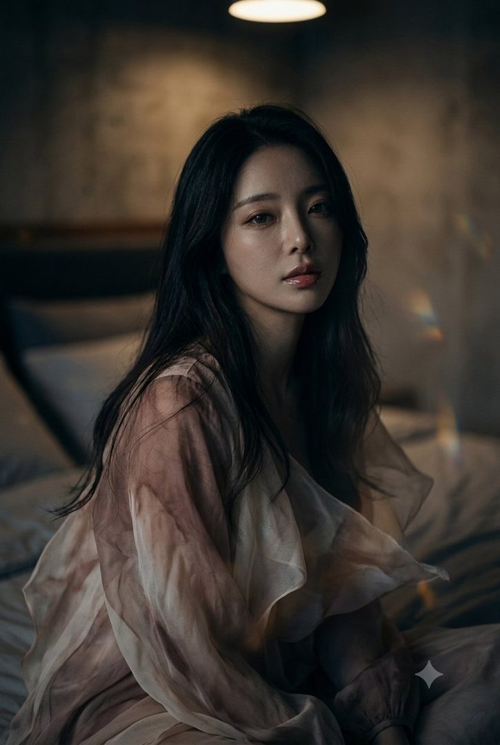 A photorealistic portrait of a woman with long black hair, wearing a sheer, flowing top, sitting in a dimly lit indoor setting.