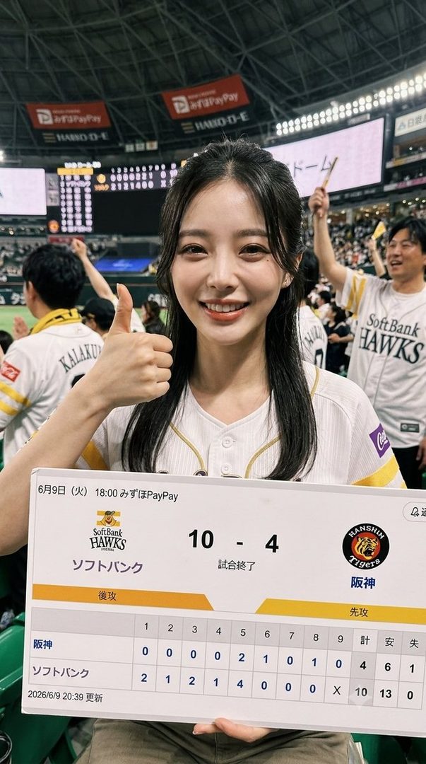A smiling woman in a baseball jersey holds up a scoreboard at an indoor stadium.