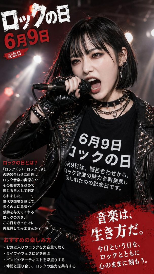 A woman with short black hair and bangs, wearing a studded leather jacket and a black t-shirt, sings into a microphone with an intense expression.