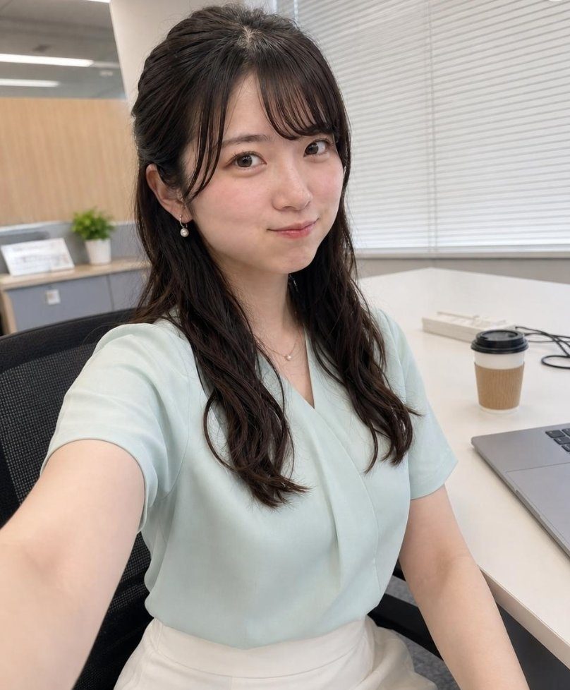 A young woman with dark hair and bangs takes a selfie in an office setting, wearing a light blue blouse.