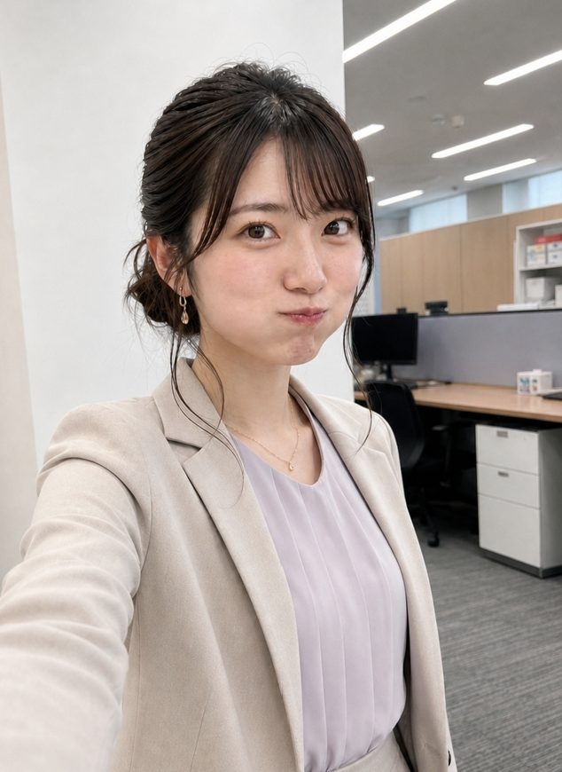 A young woman in a light suit takes a playful selfie in an office setting.
