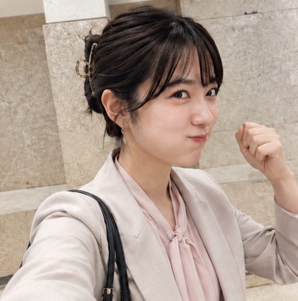 A young woman with dark hair and bangs, wearing a light blazer and pink blouse, makes a playful face at the camera.