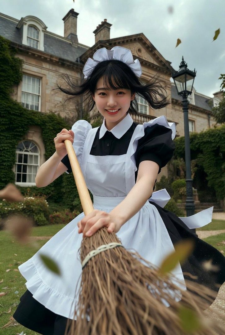 A young woman in a maid outfit smiles while sweeping outdoors in front of a large building.