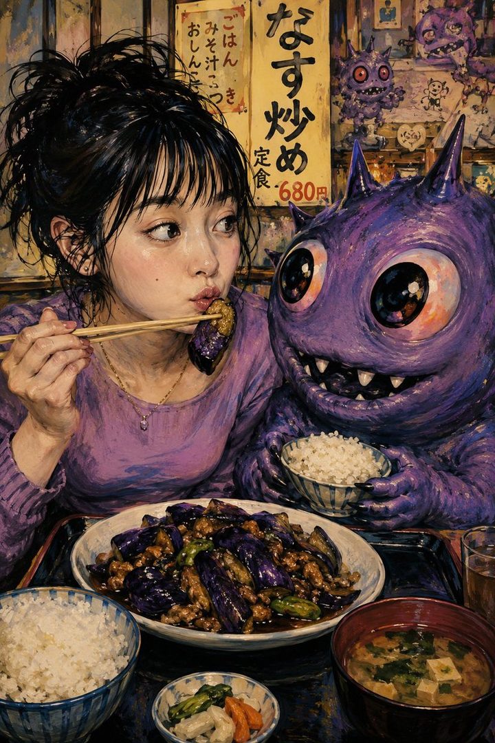 A photorealistic painting of a young woman with black hair eating eggplant with chopsticks, sitting next to a purple monster character at a Japanese restaurant.