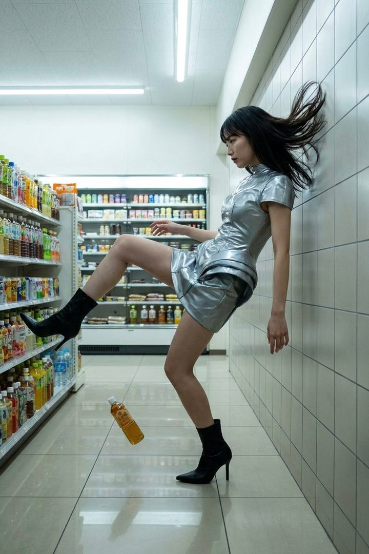 A woman in a silver dress and black boots appears to be floating or falling in a convenience store aisle, with a bottle of tea suspended in mid-air.