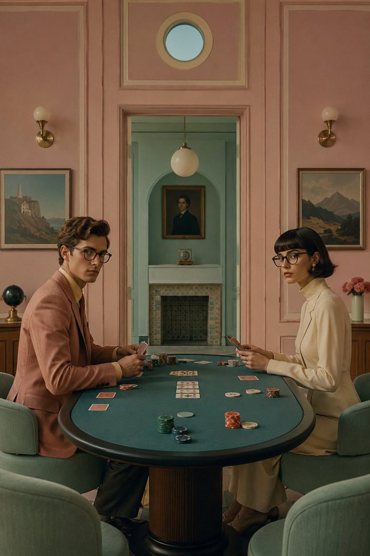 A man and a woman wearing glasses are playing cards at a green table in a stylish room with pink and teal walls.