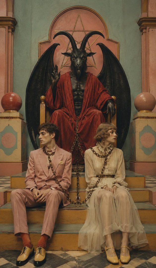 A man in a pink suit and a woman in a cream dress are chained to a Baphomet statue in a surreal, theatrical indoor setting.