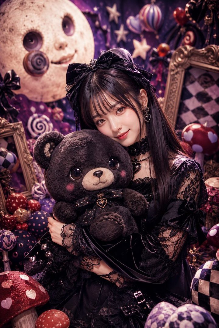 A young woman with long black hair and bangs, wearing a black gothic dress, holds a black teddy bear in a whimsical, dark fantasy setting with a moon decoration.