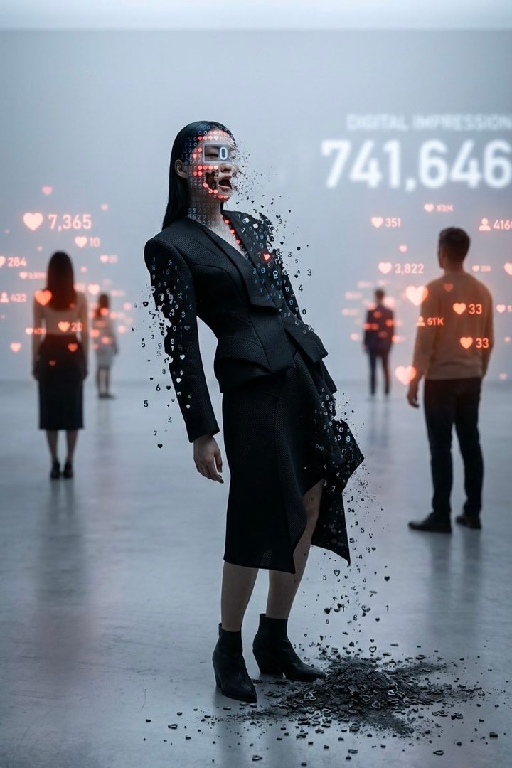 A woman in a black suit disintegrates into digital particles, surrounded by floating social media likes and a large 'digital impression' counter in the background.