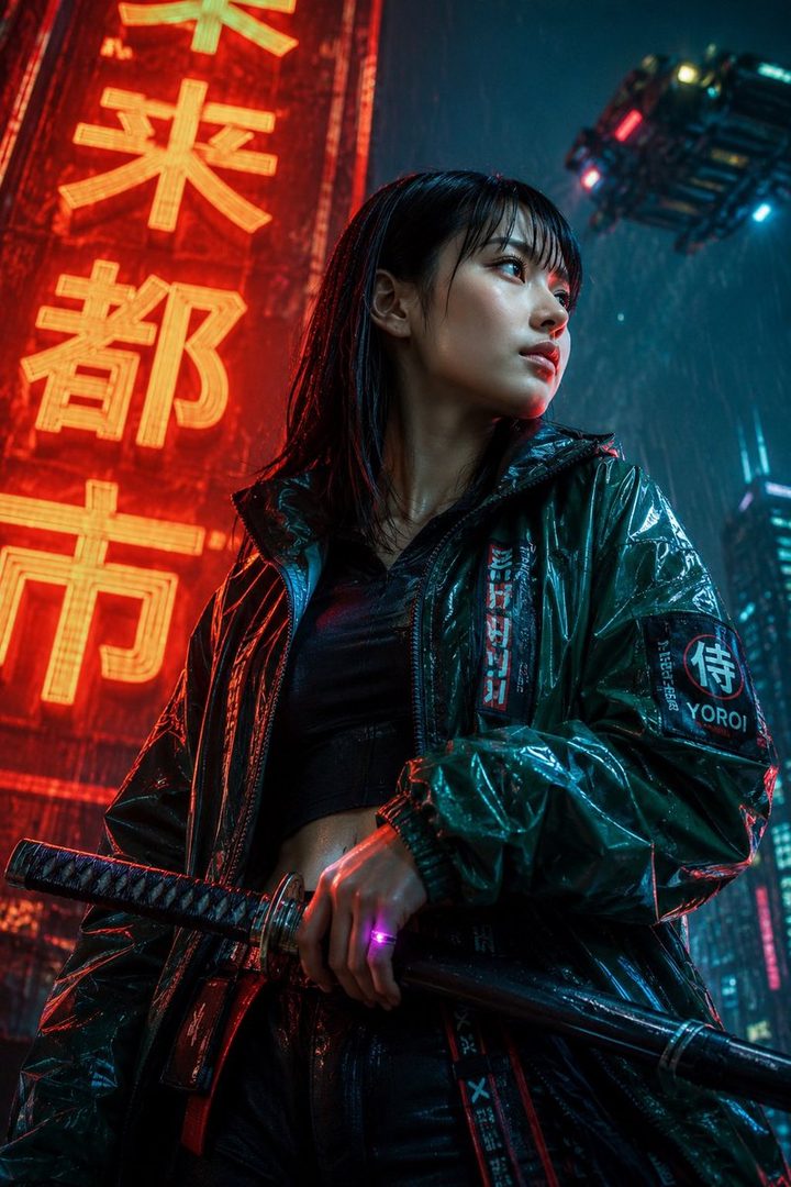 A woman with black hair and bangs, wearing a shiny green jacket, holds a katana in a rainy cyberpunk city at night with neon signs.