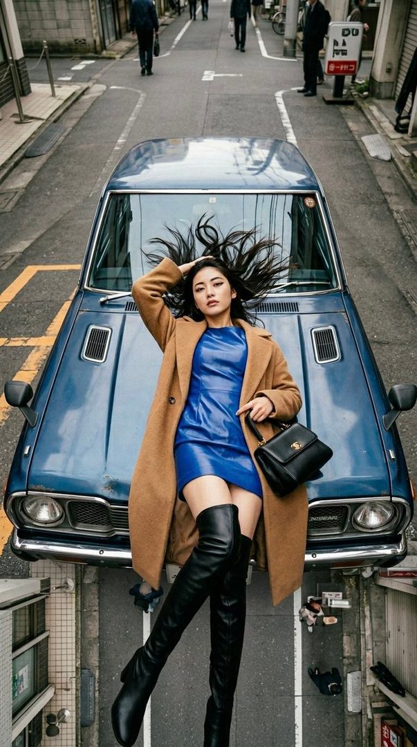 A woman in a blue dress and brown coat lies on the hood of a vintage blue car on a city street.