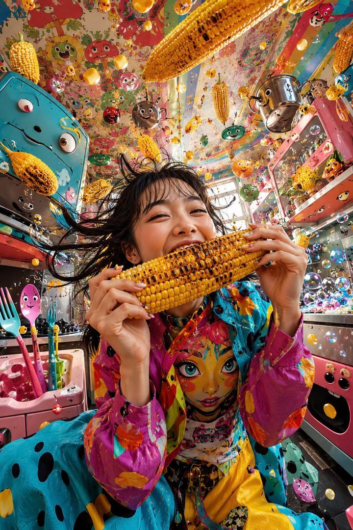 A young woman with black hair smiles widely while eating a grilled corn on the cob in a colorful, whimsical room filled with corn decorations.