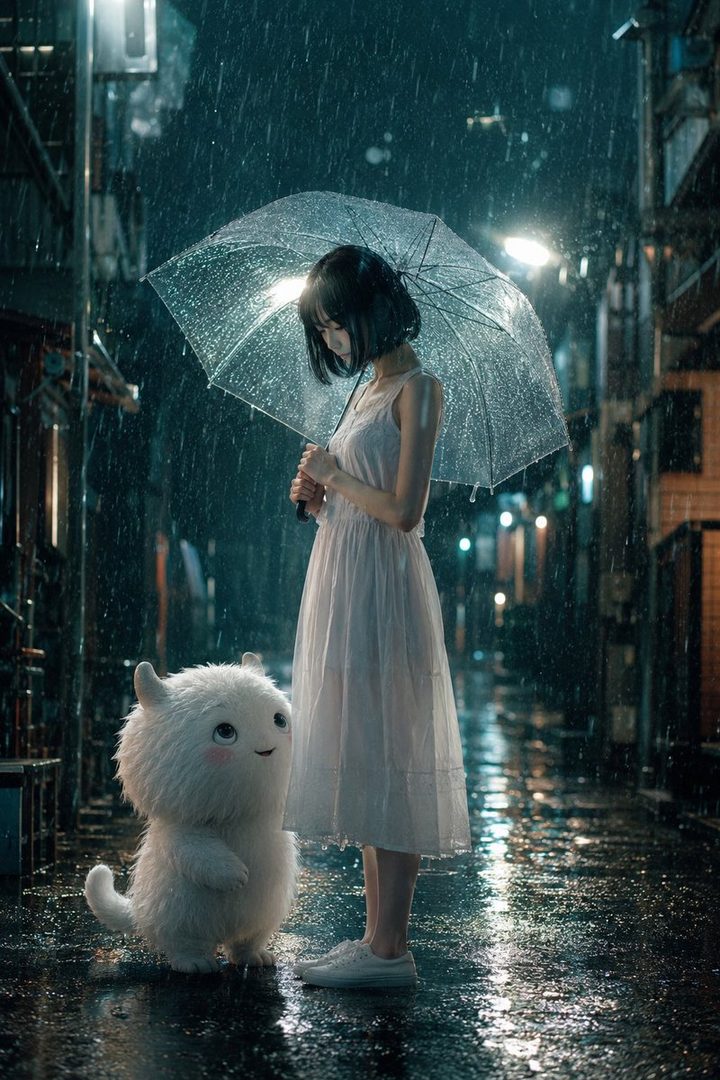 A young girl with an umbrella stands on a rainy street at night next to a cute white fluffy creature.