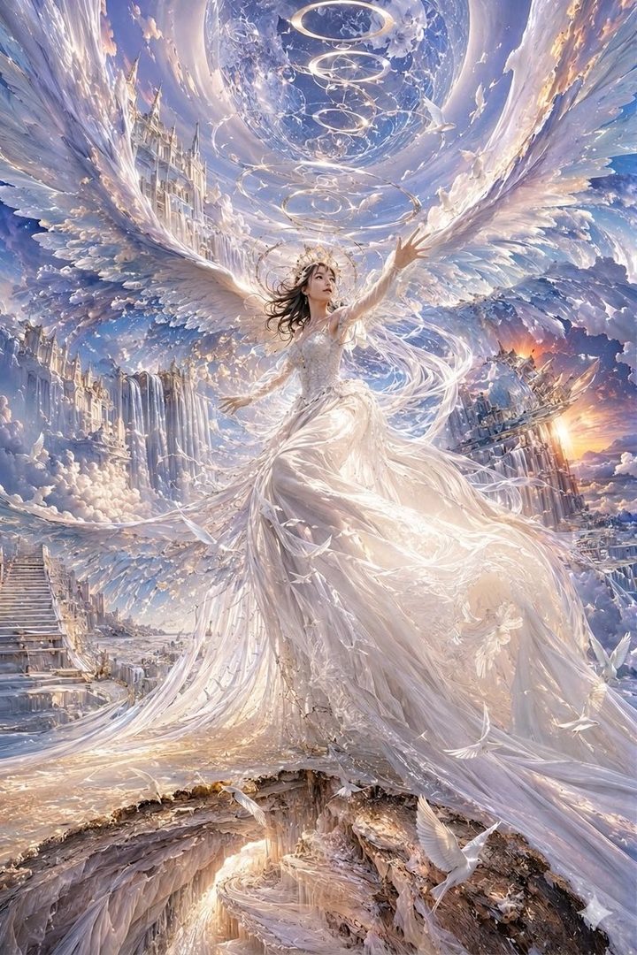 A beautiful woman with large white wings and a flowing white dress stands in a fantastical, ethereal landscape with castles and waterfalls in the clouds.