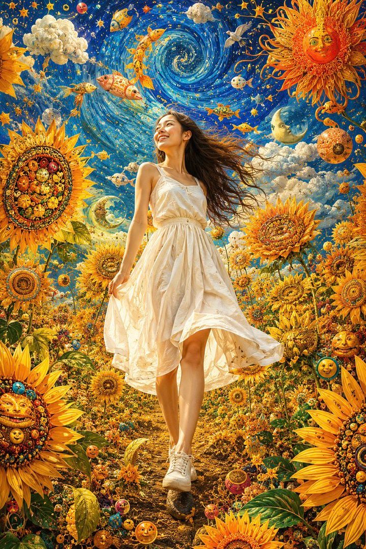 A woman in a white dress walks through a field of sunflowers under a starry, Van Gogh-inspired sky.