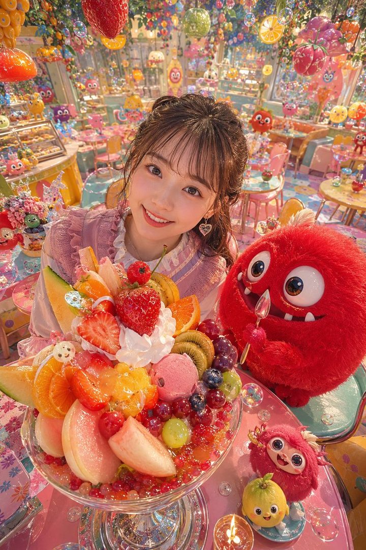 A young woman with brown hair and bangs smiles brightly while holding a large fruit parfait in a colorful, whimsical cafe filled with plush toys.